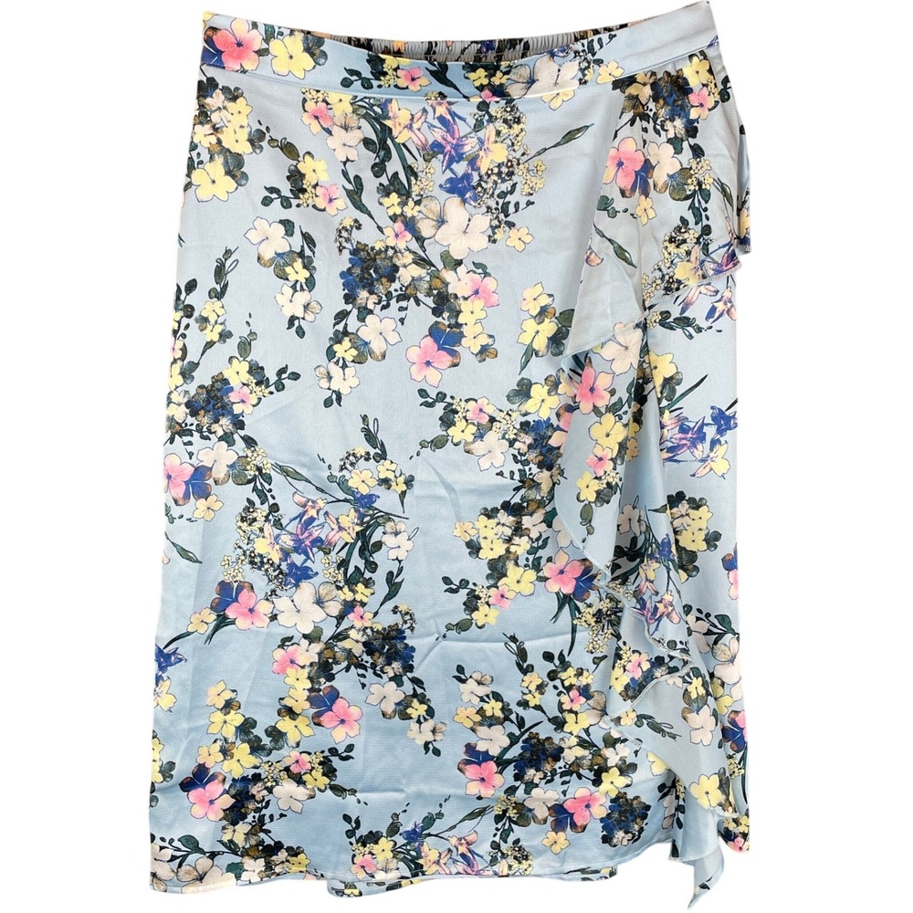Ted Baker Floral Ruffle Wrap Midi Skirt Blue Yellow Pink‎ Satin 1852179 Womens M